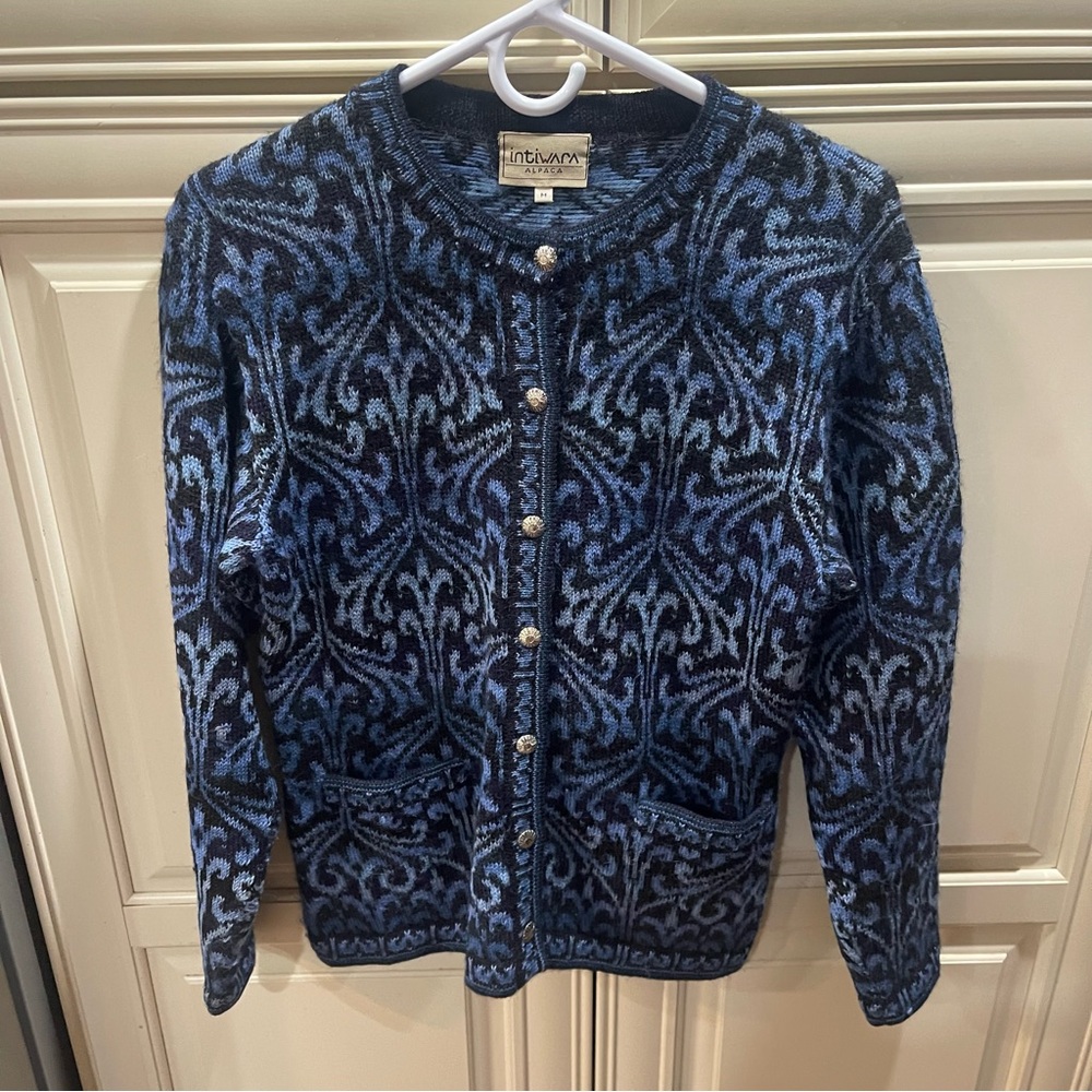 Intiwara Alpaca Button Up Blue Black Medium Cardigan